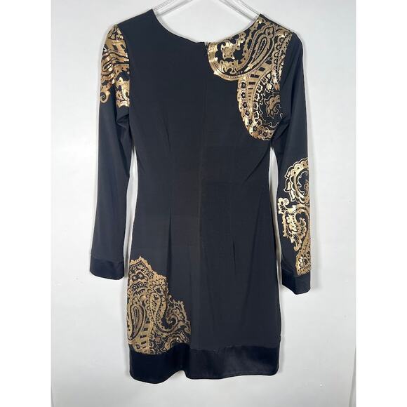 Vintage Cache Women's Metallic Gold Paisley Cocktail Dress 6 Long Sleeve Formal - Picture 3 of 7